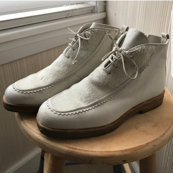 Bally Moto Combat Boots Leather and Fur Off White Size 7 - Picture 8 of 8